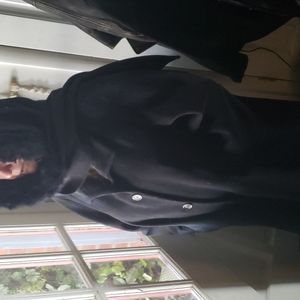 Stephanie Edwards full length wool coat with fur lined hoodie